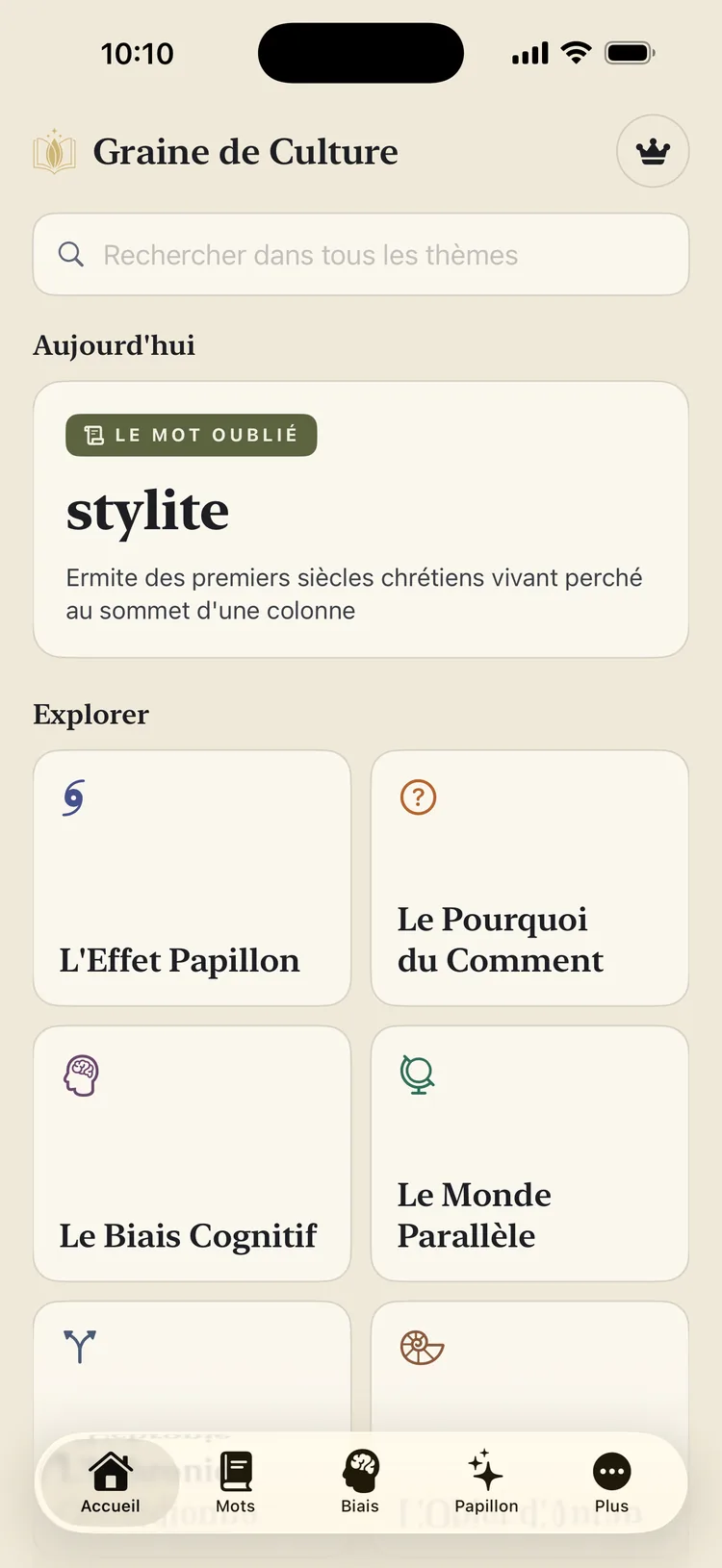 Écran d'accueil de Graine de Culture, avec la découverte du jour et la grille des catégories